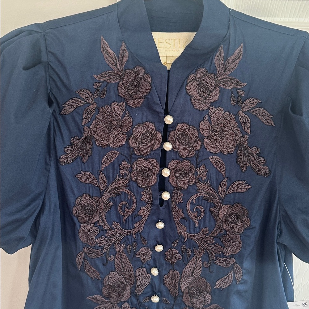 Mestiza New York NWT Elliana Barong Navy Embroidered Midi Dress Sz Small - Picture 5 of 12